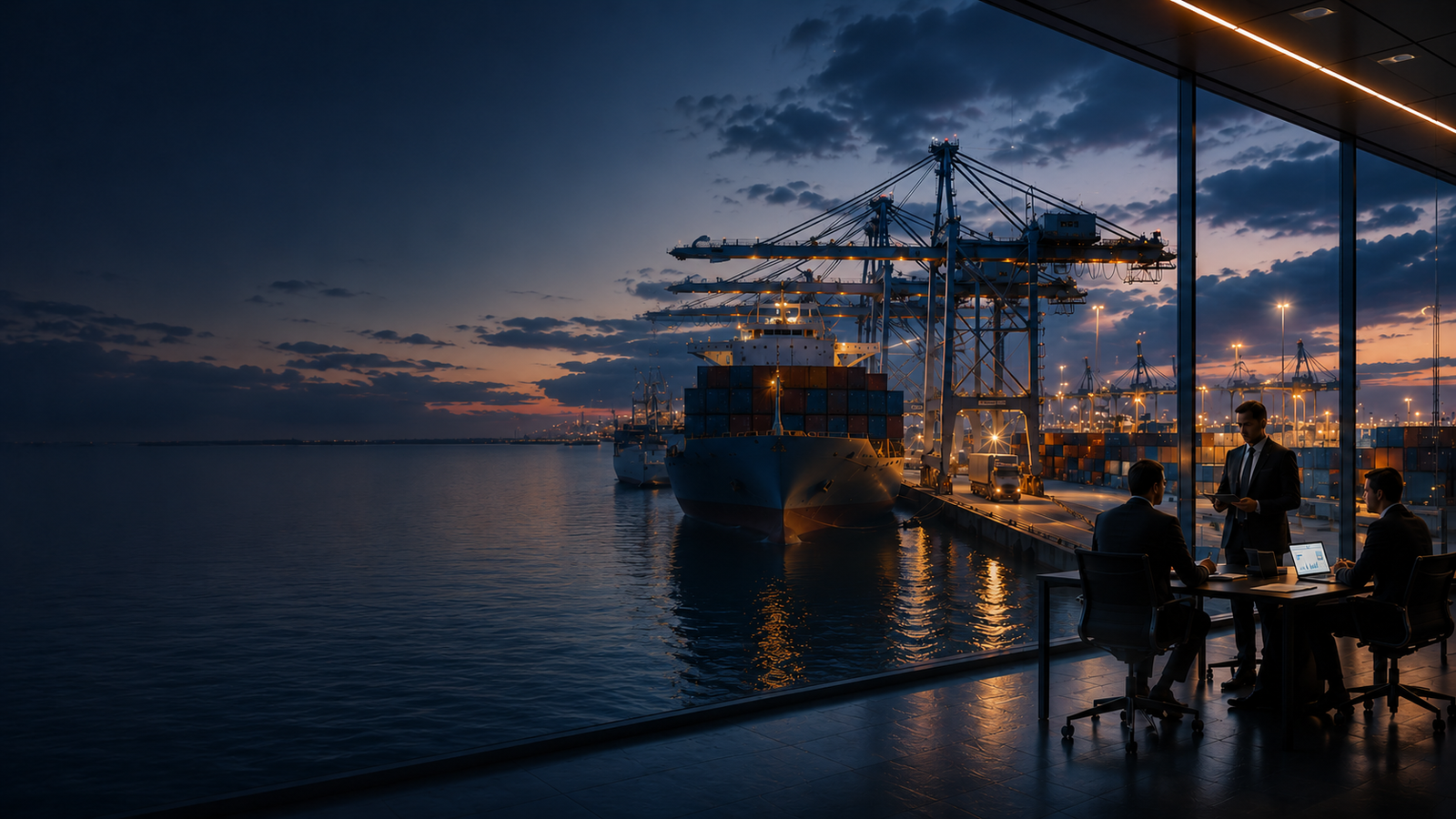 Operação portuária ao entardecer com navio, containers e reunião corporativa — MMP Advogados